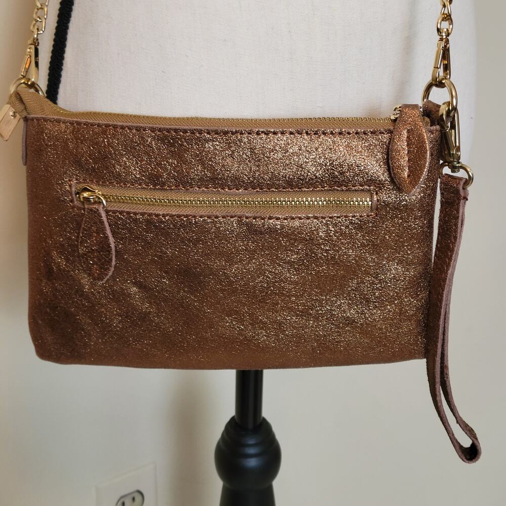 Street Level Copper Shimmer Leather Shoulder Clutch Wristlet Removable Chain